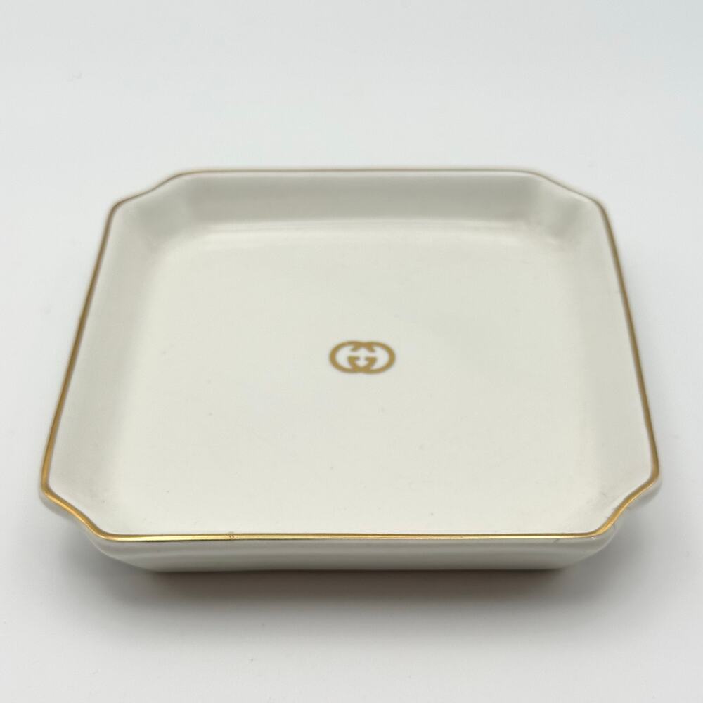 Gucci Vintage Ivory Gold Trim Square Signature GG Porcelain Ashtray Minimalist